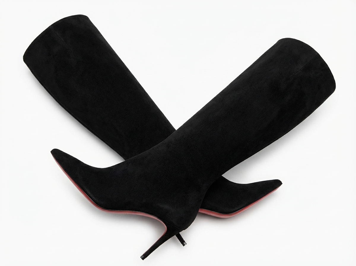 Botte haute noir Daim Synthétique Femme - Santiags noires à semelle rouge distincte