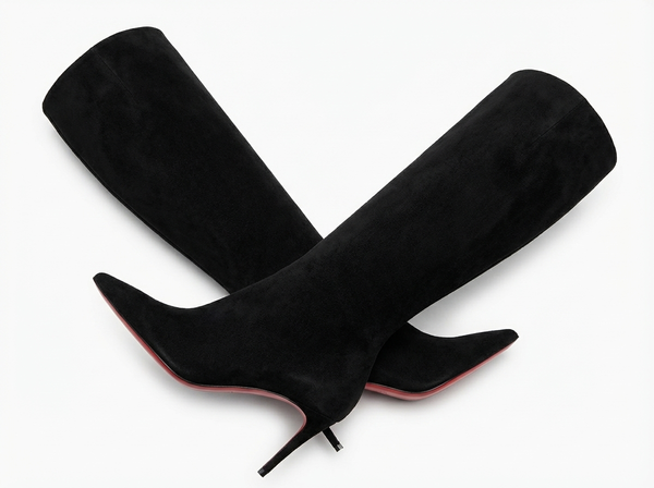 Santiag haute noir Daim Synthétique Femme - Talon aiguille et semelle rouge élégante - three_quarter_view