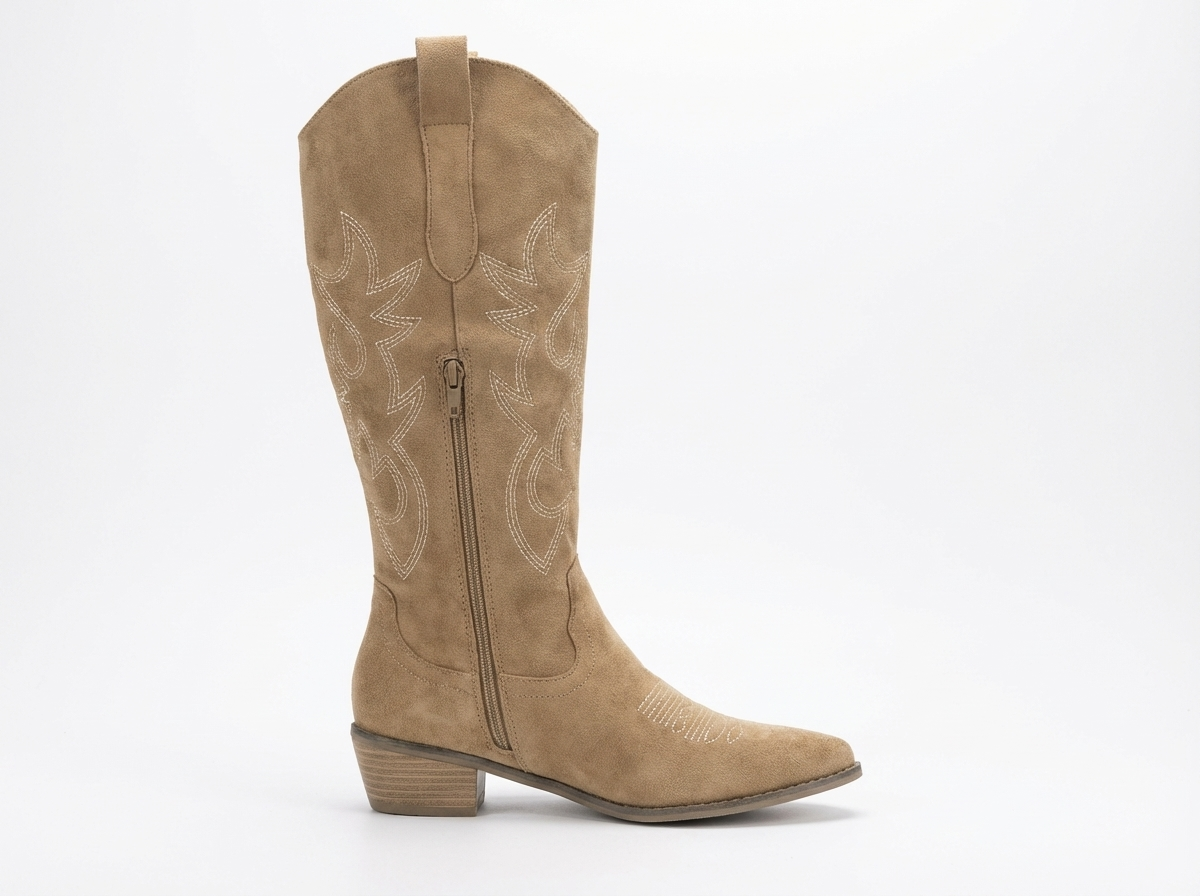 Santiag haute beige Simili Cuir Femme - Broderies western et talon bas en bois 4