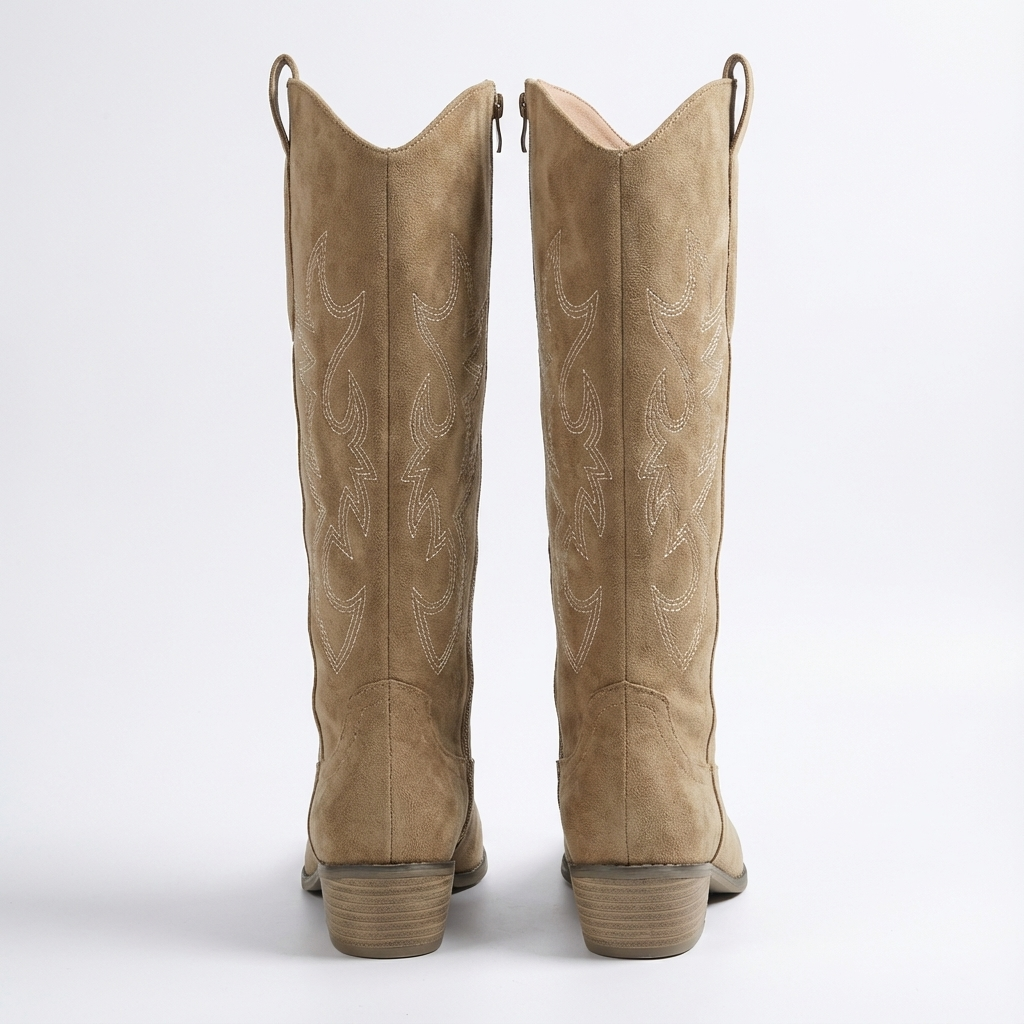Santiag haute beige Simili Cuir Femme - Broderies western et talon bas en bois 5
