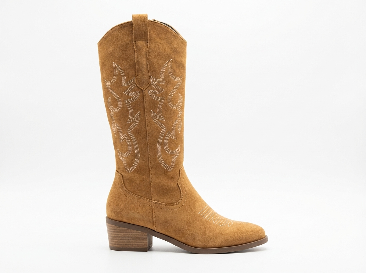 Santiag haute camel Daim Femme - Broderie florale et talon cubain élégant 2
