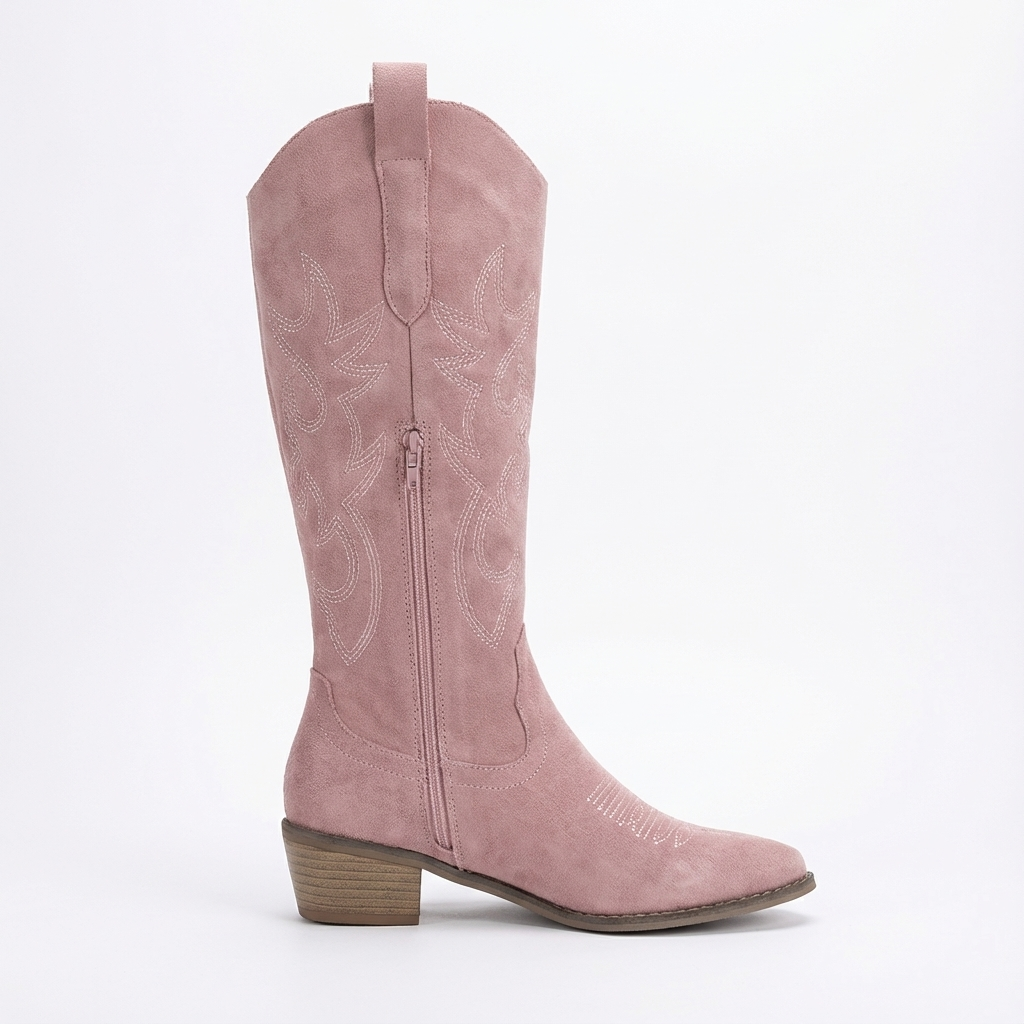Santiag mi-haute rose Simili Cuir Femme - Broderies florales sur cuir rose vif 4