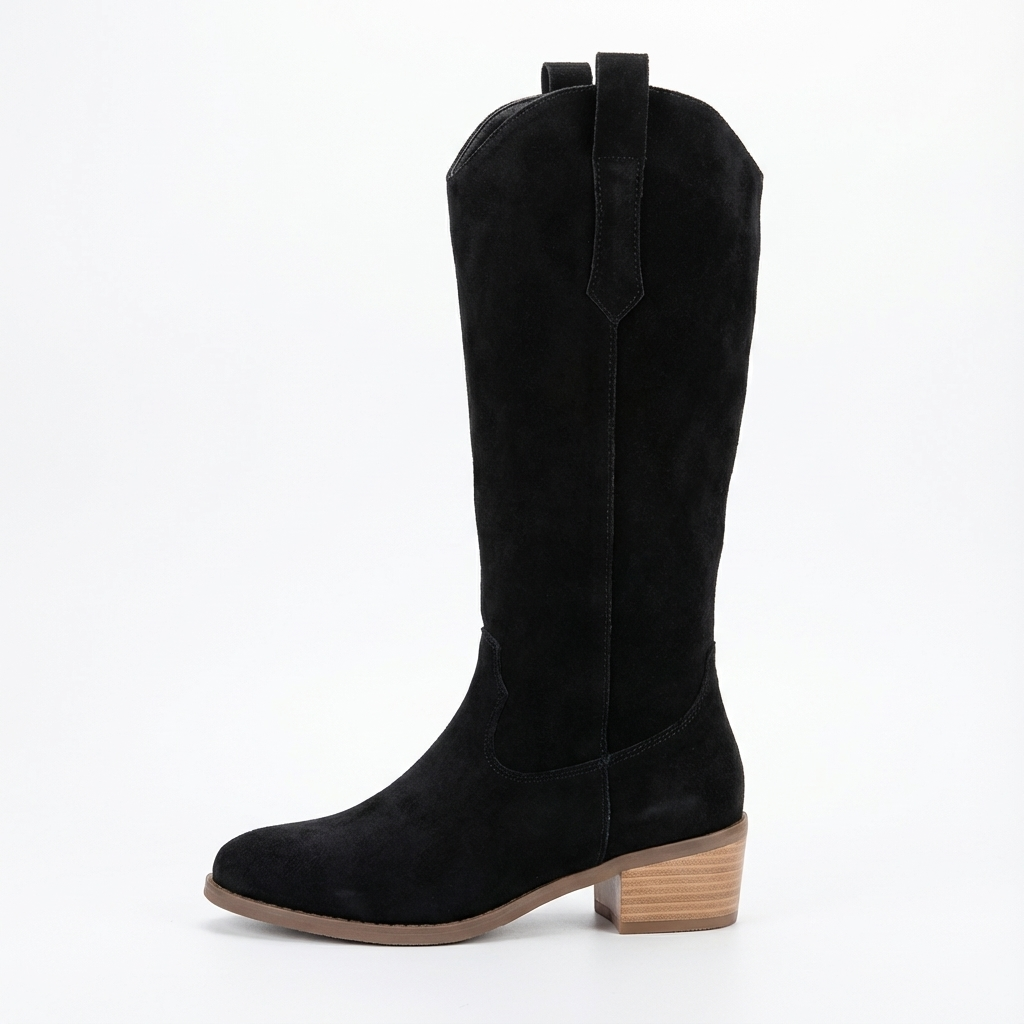 Santiag haute noir Daim Femme - Talon carré bois style western 2
