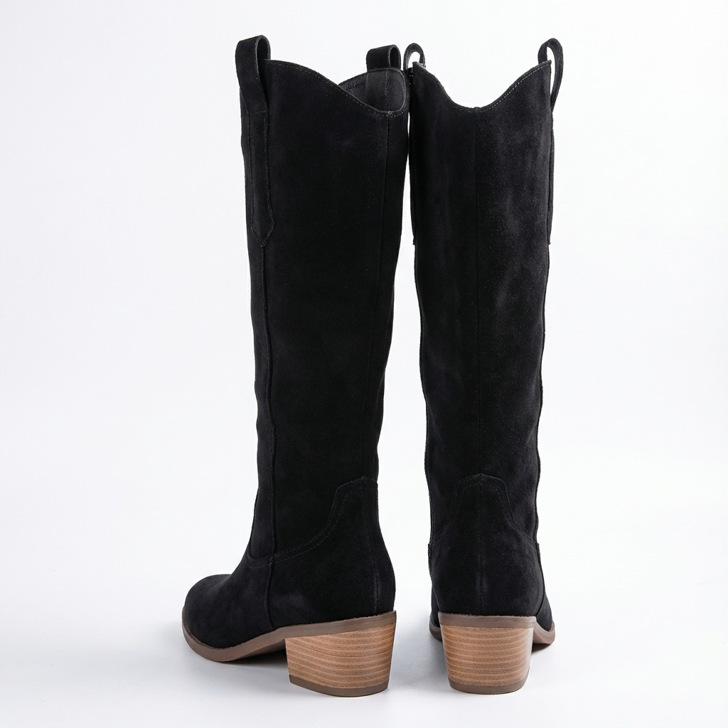 Santiag haute noir Daim Femme - Talon carré bois style western 3