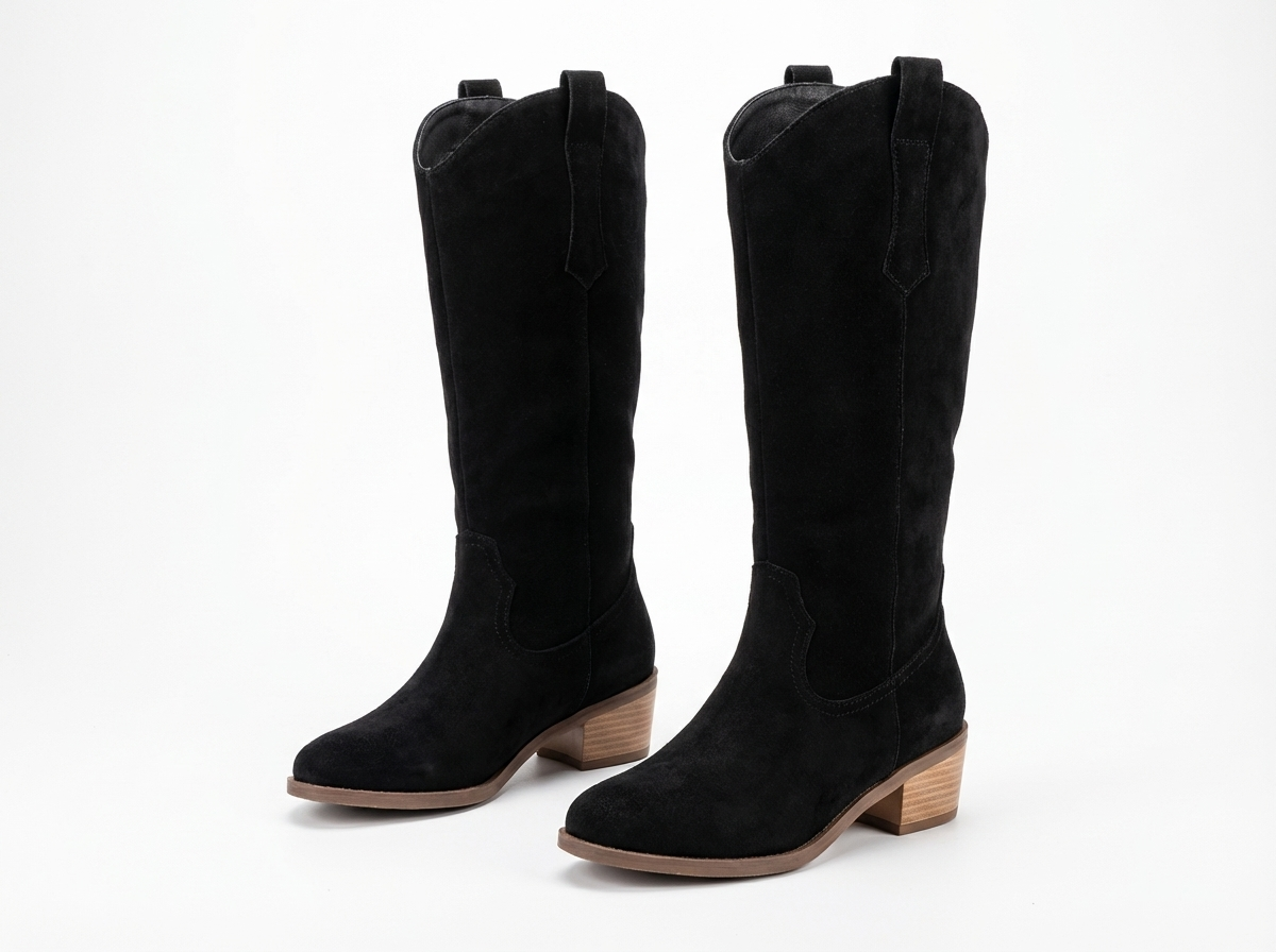 Santiag haute noir Daim Femme - Talon carré bois style western