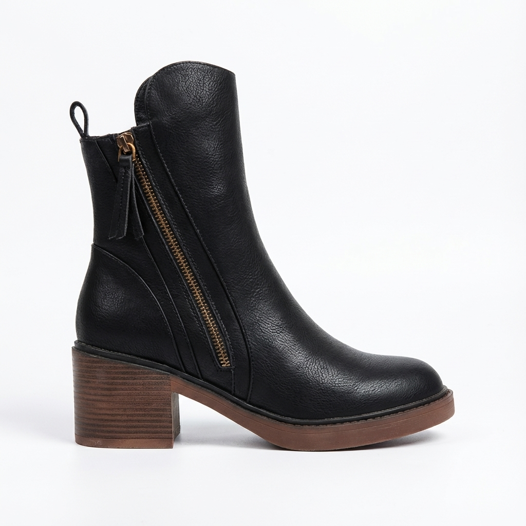 Bottine à talon noir Simili Cuir Femme - Santiags noires à fermeture éclair dorée 3