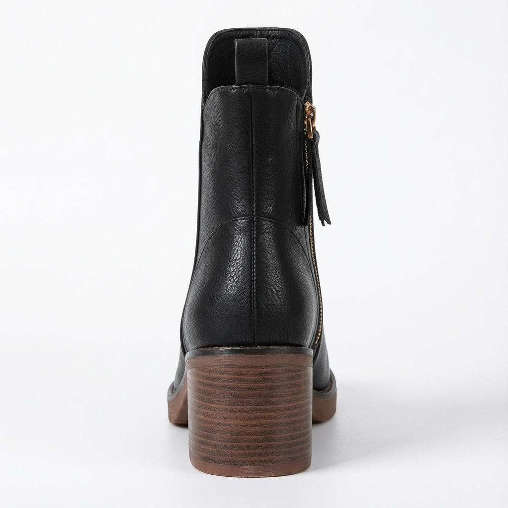 Bottine à talon noir Simili Cuir Femme - Santiags noires à fermeture éclair dorée 4
