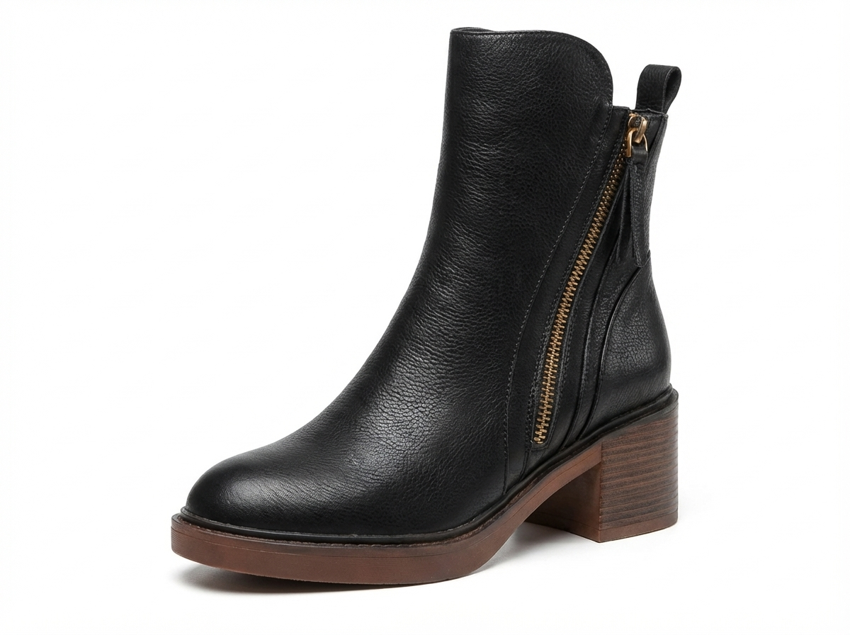 Bottine à talon noir Simili Cuir Femme - Santiags noires à fermeture éclair dorée