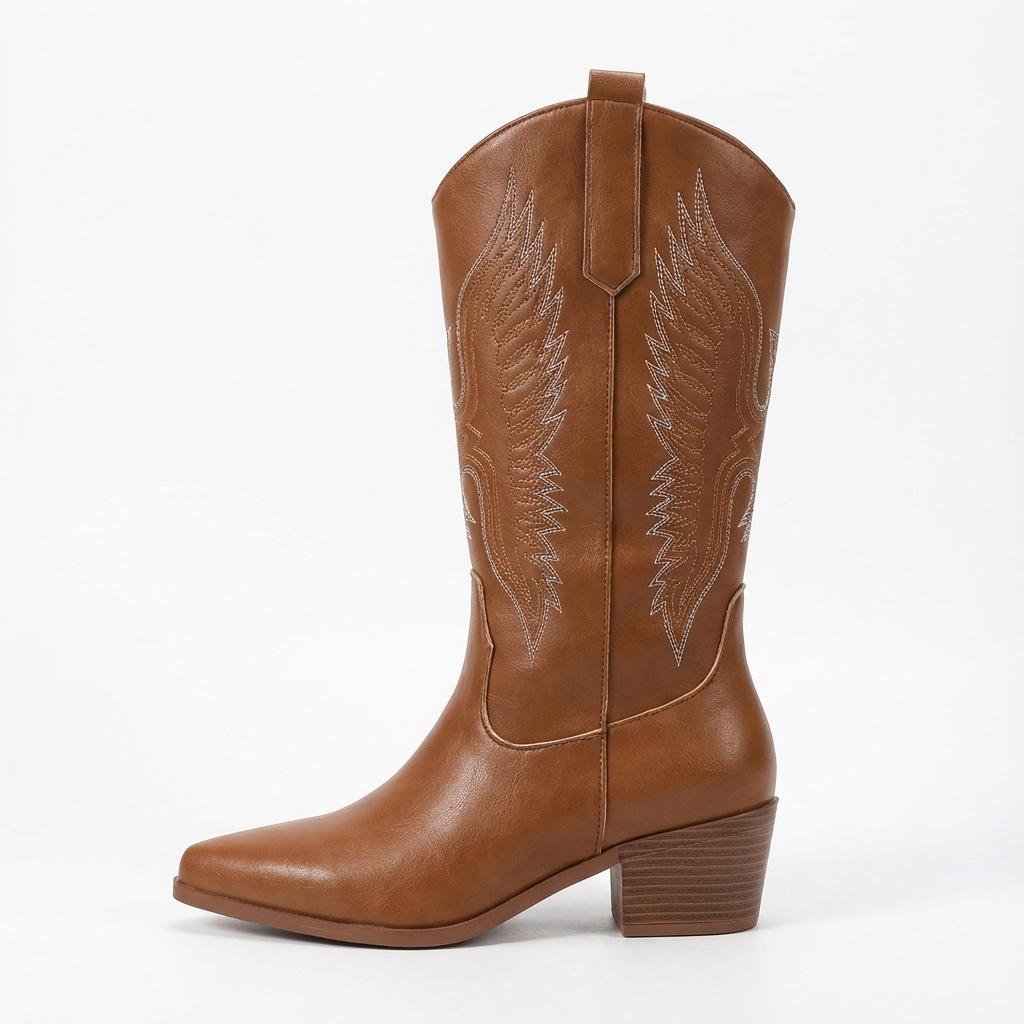 Santiag haute marron Simili Cuir Femme - Broderies artistiques et classique bout pointu 3