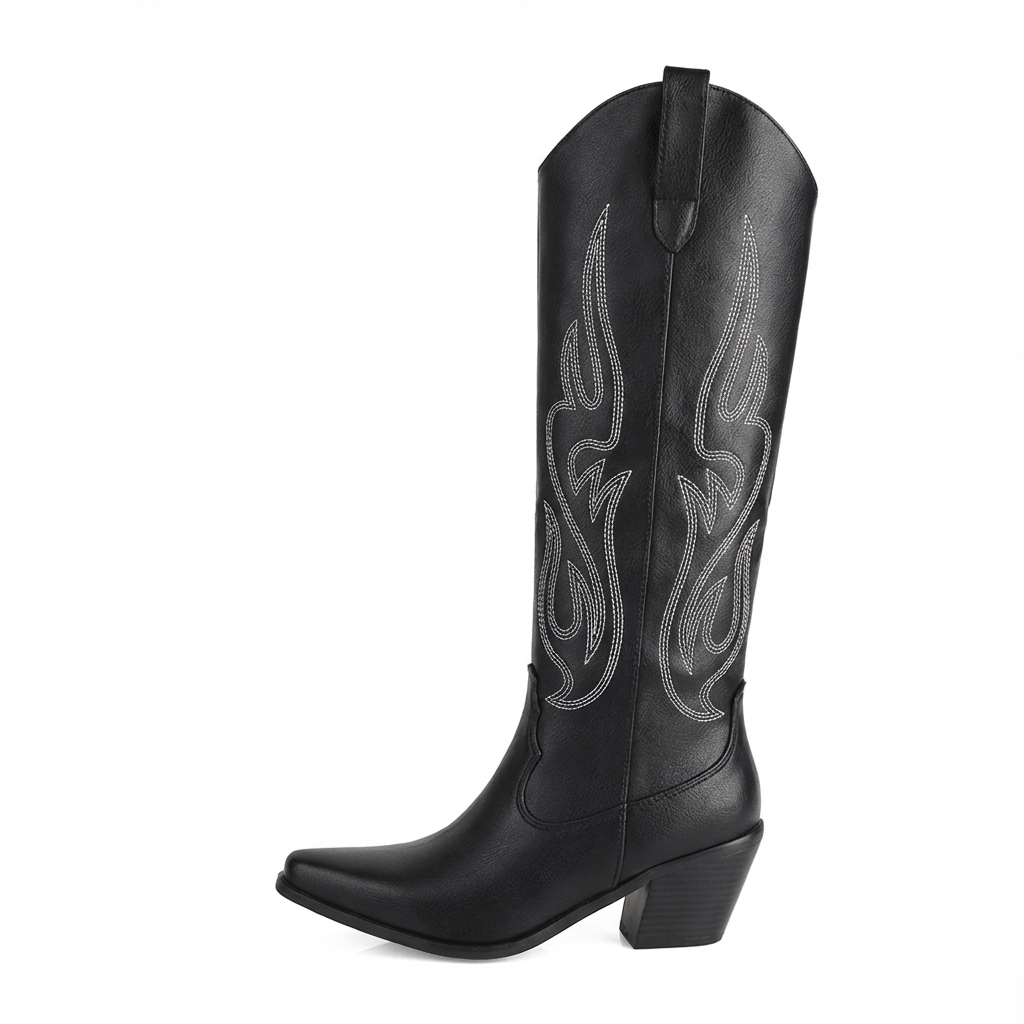 Santiag haute noir Simili Cuir Femme - Broderies géométriques, talon cubain moderne 6