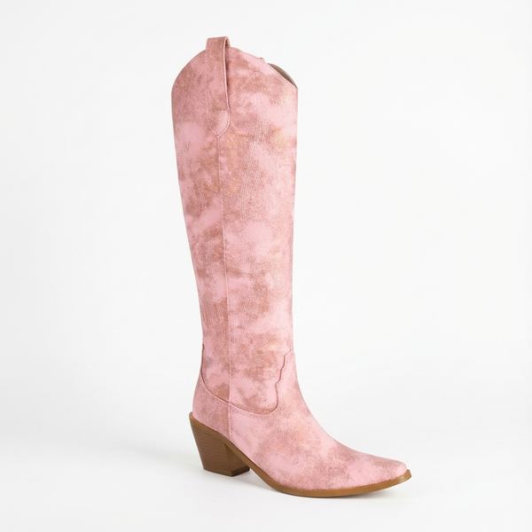 Santiag haute rose Simili Cuir Femme - Bout pointu, motif nuageux saisissant - three_quarter_view