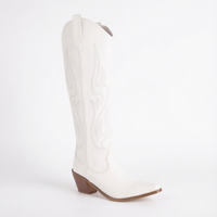 Santiag haute blanc Simili Cuir Femme - Broderies blanches pointues à talon épais 1