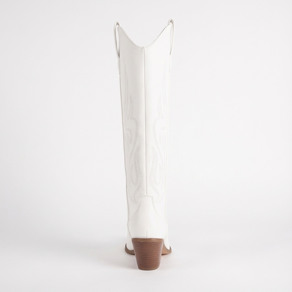 Santiag haute blanc Simili Cuir Femme - Broderies blanches pointues à talon épais 2