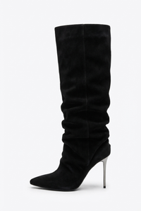 Botte haute noir Daim Femme - Effet plissé et talon fin argenté 2