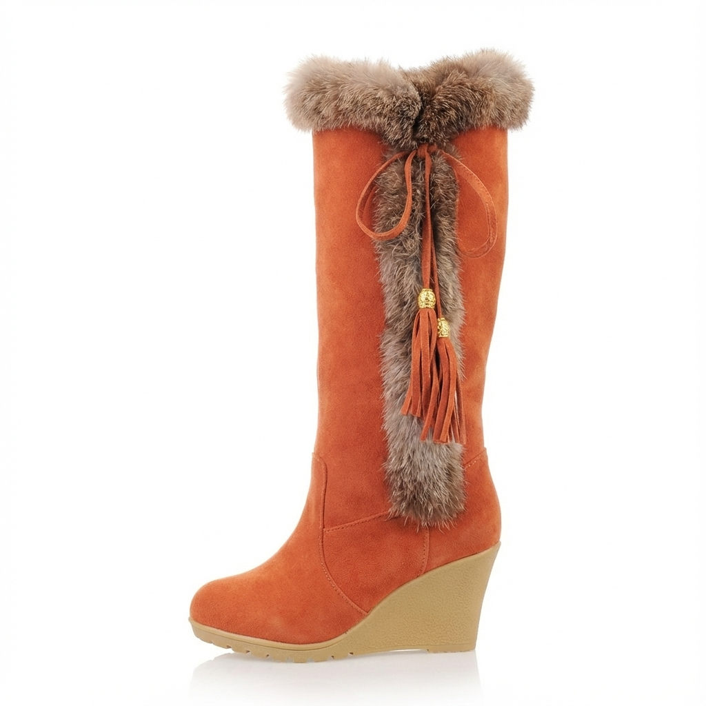 Santiag haute orange Daim Synthétique Femme - Pompons et fourrure pour style hivernal 2