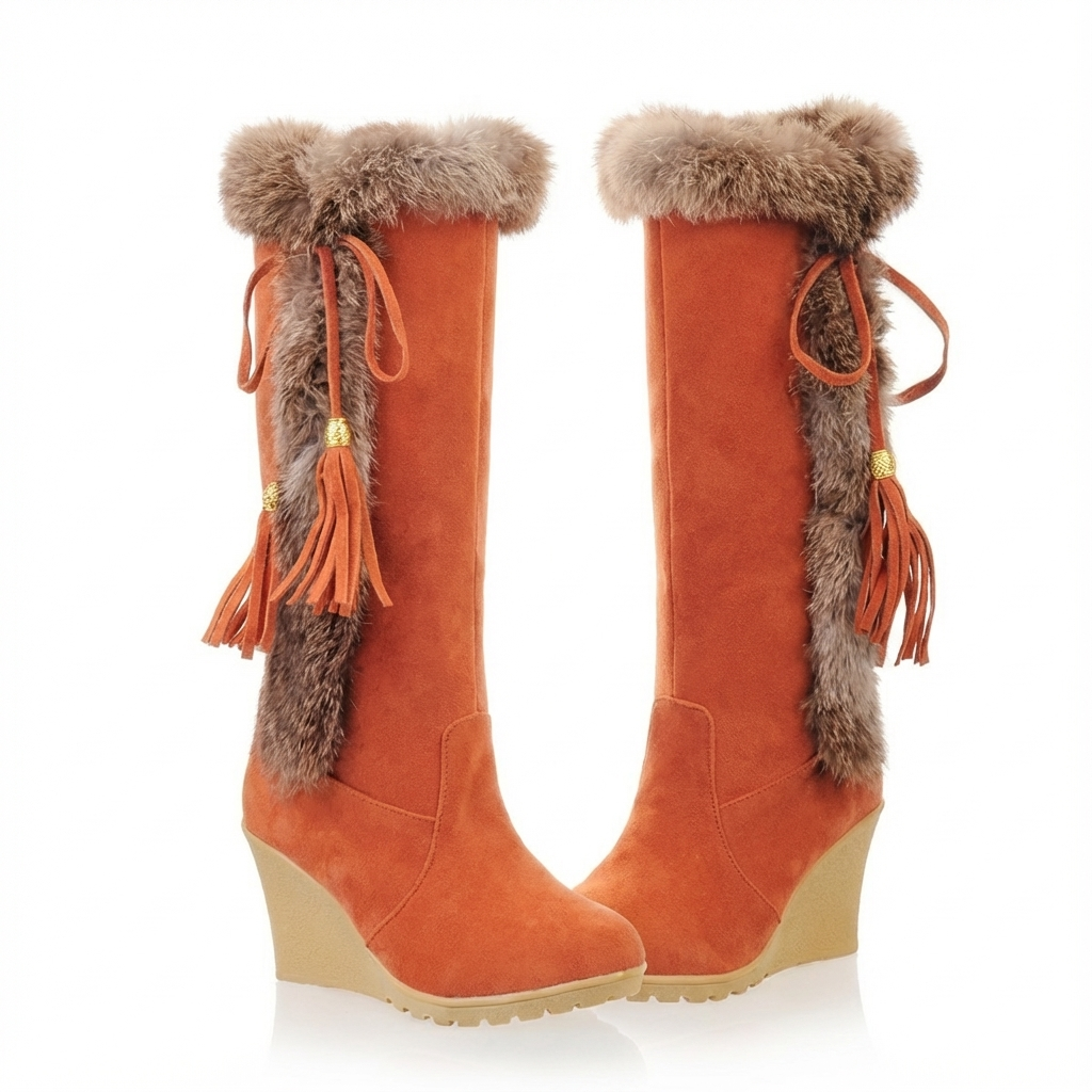 Santiag haute orange Daim Synthétique Femme - Pompons et fourrure pour style hivernal