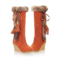 Santiag haute orange Daim Synthétique Femme - Pompons et fourrure pour style hivernal 1