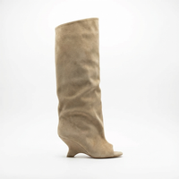Botte haute beige Daim Femme - Santiags ouvertes à talon incurvé moderne 2