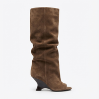 Botte haute marron Daim Femme - Santiags modernes à bout ouvert distinctif 2