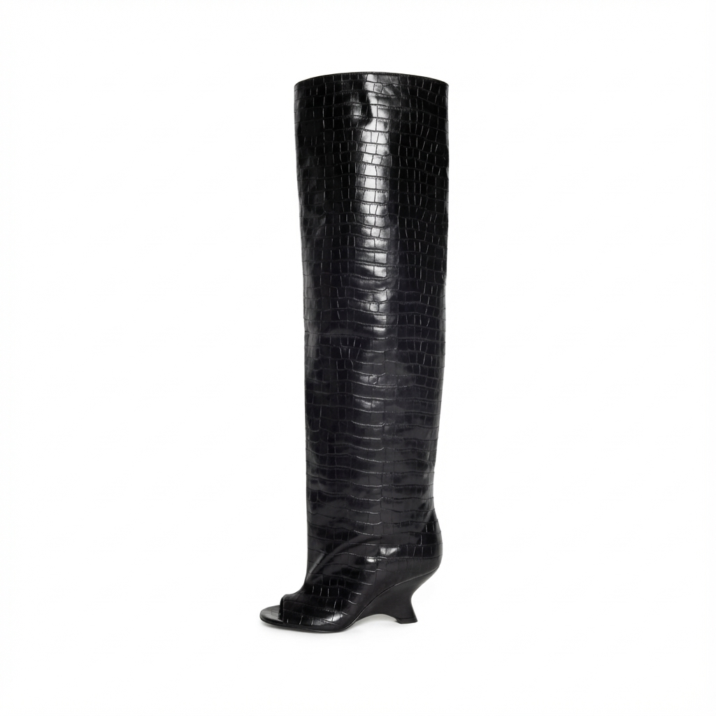 Botte haute noir Synthétique Femme - Style western moderne à motif crocodile 2