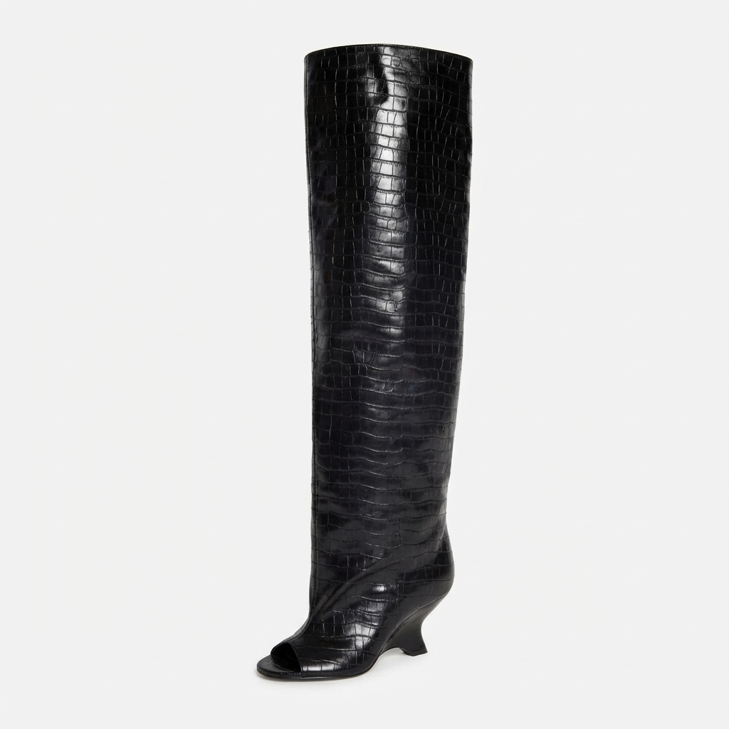 Botte haute noir Synthétique Femme - Style western moderne à motif crocodile