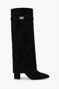 Botte haute noir Daim Synthétique Femme - Bout pointu, sangle dorée élégante 2