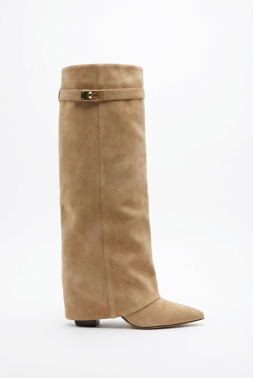 Santiag haute beige Simili Cuir Femme - Boucle dorée et silhouette élégante 3