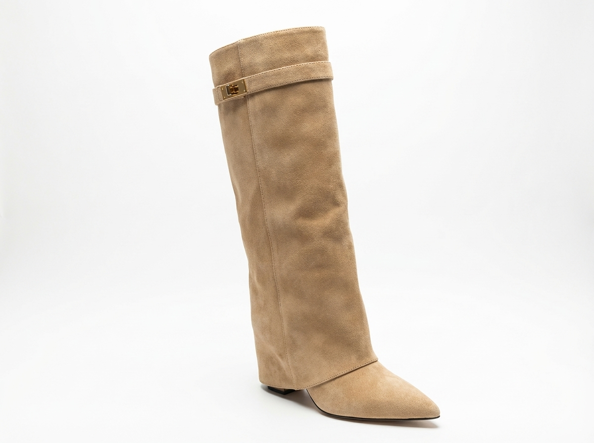 Santiag haute beige Simili Cuir Femme - Boucle dorée et silhouette élégante