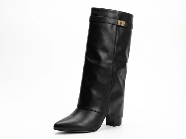 Santiag haute noir Synthétique Femme - Bout pointu avec boucle élégante - three_quarter_view