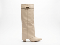 Santiag haute beige Synthétique Femme - Bout pointu et sangle métallique élégante 2