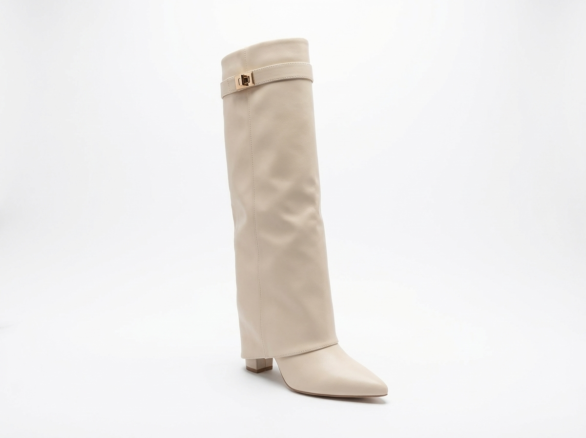 Santiag haute beige Synthétique Femme - Bout pointu et sangle métallique élégante