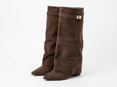 Santiag haute marron Simili Cuir Femme - Sangle dorée élégante et pratique - three_quarter_view