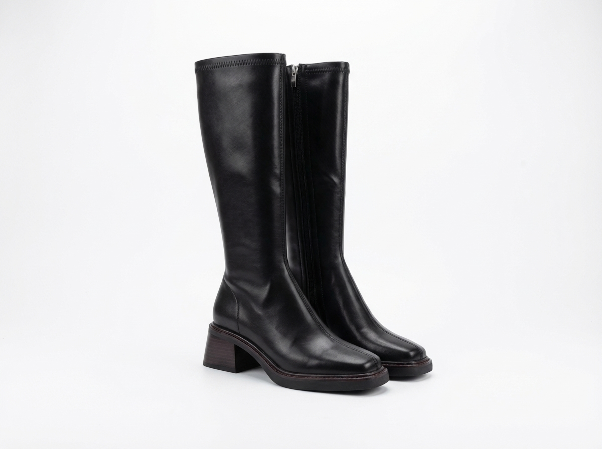 Botte haute noir Synthétique Femme - Élégance moderne avec talon carré