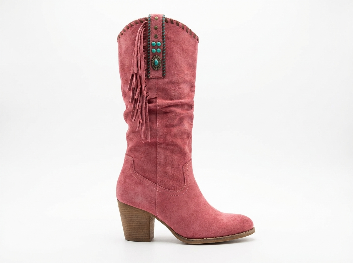 Santiag mi-haute rose Daim Femme - Style rétro avec franges et métal 2