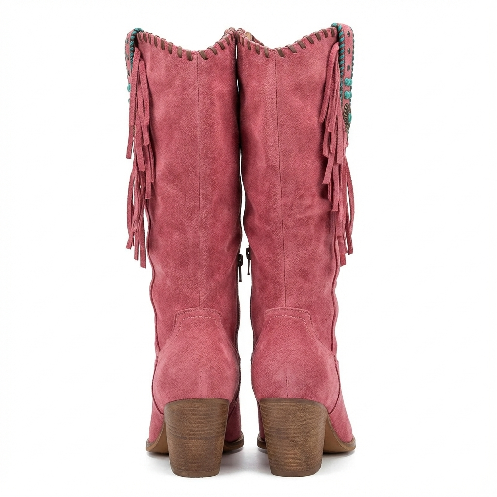 Santiag mi-haute rose Daim Femme - Style rétro avec franges et métal 3