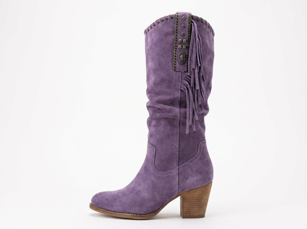 Santiag haute violet Daim Femme - Franges bohèmes et clous géométriques 2