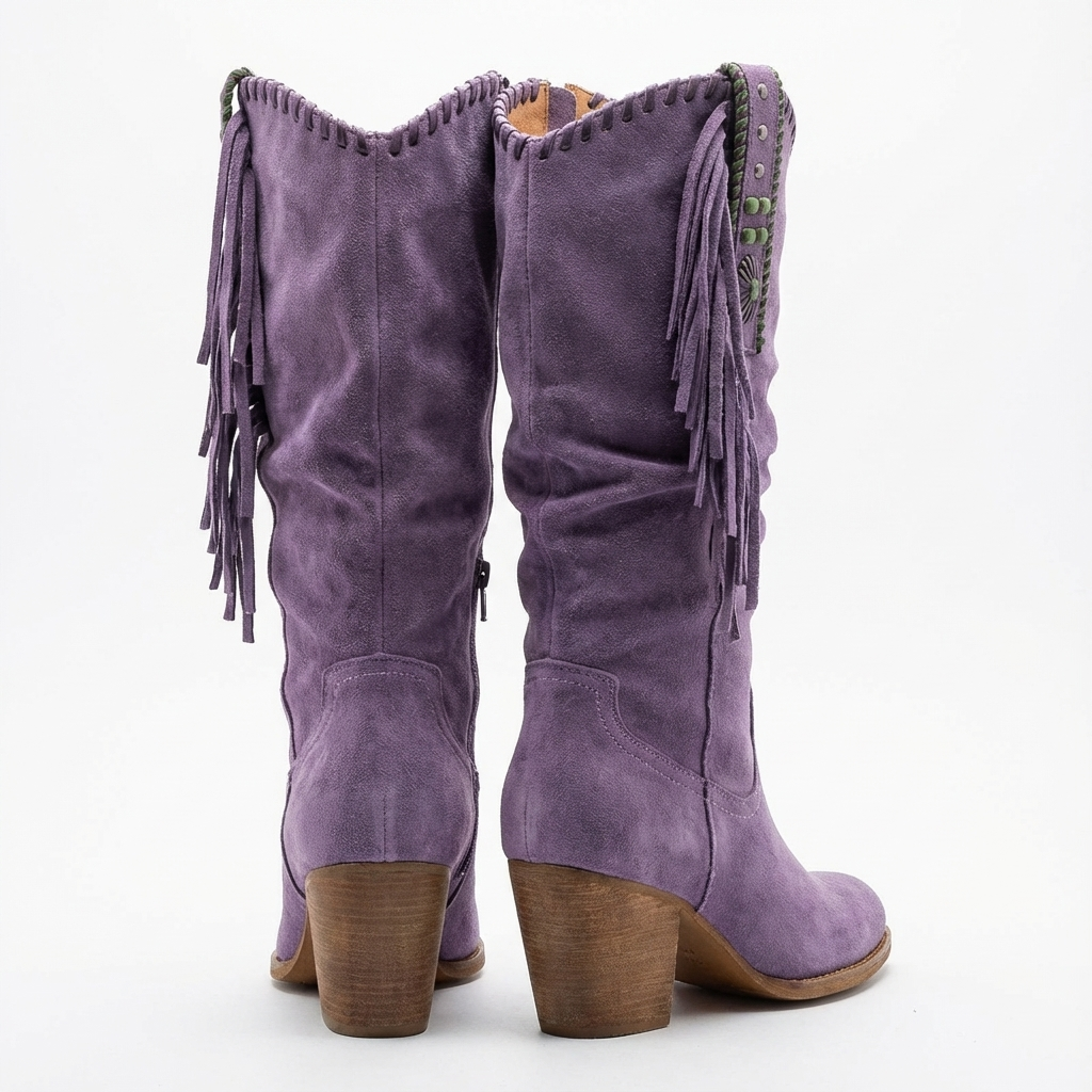 Santiag haute violet Daim Femme - Franges bohèmes et clous géométriques 3