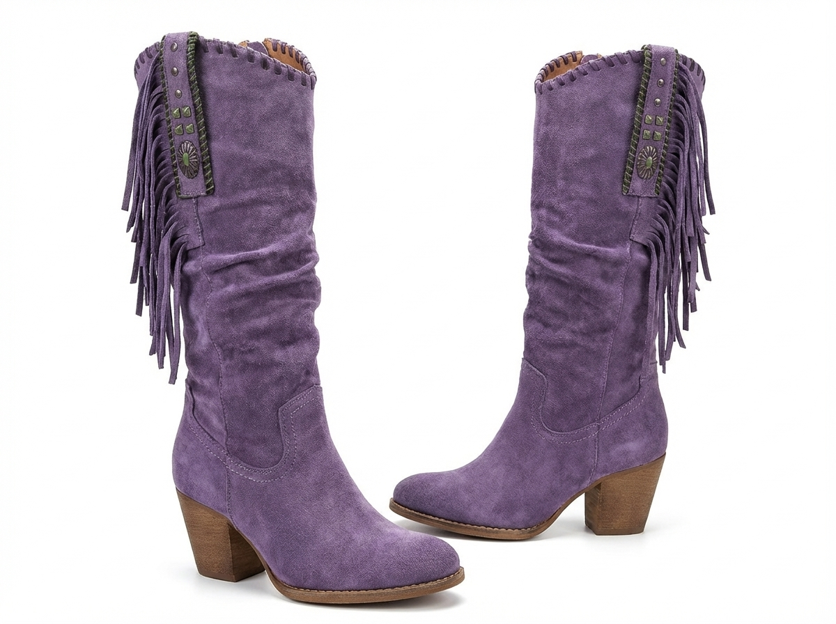 Santiag haute violet Daim Femme - Franges bohèmes et clous géométriques