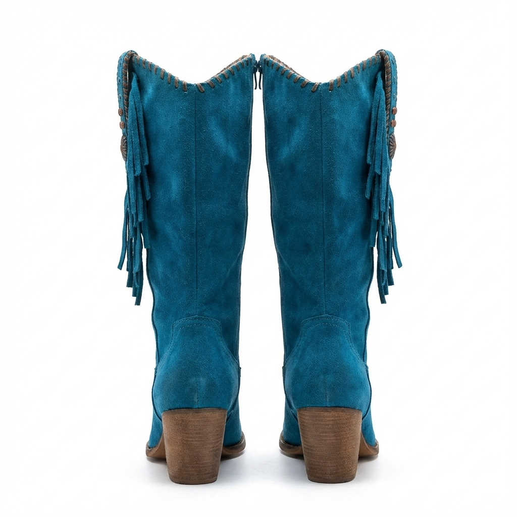 Santiag mi-haute bleu Daim Femme - Franges et clous sur daim bleu 3
