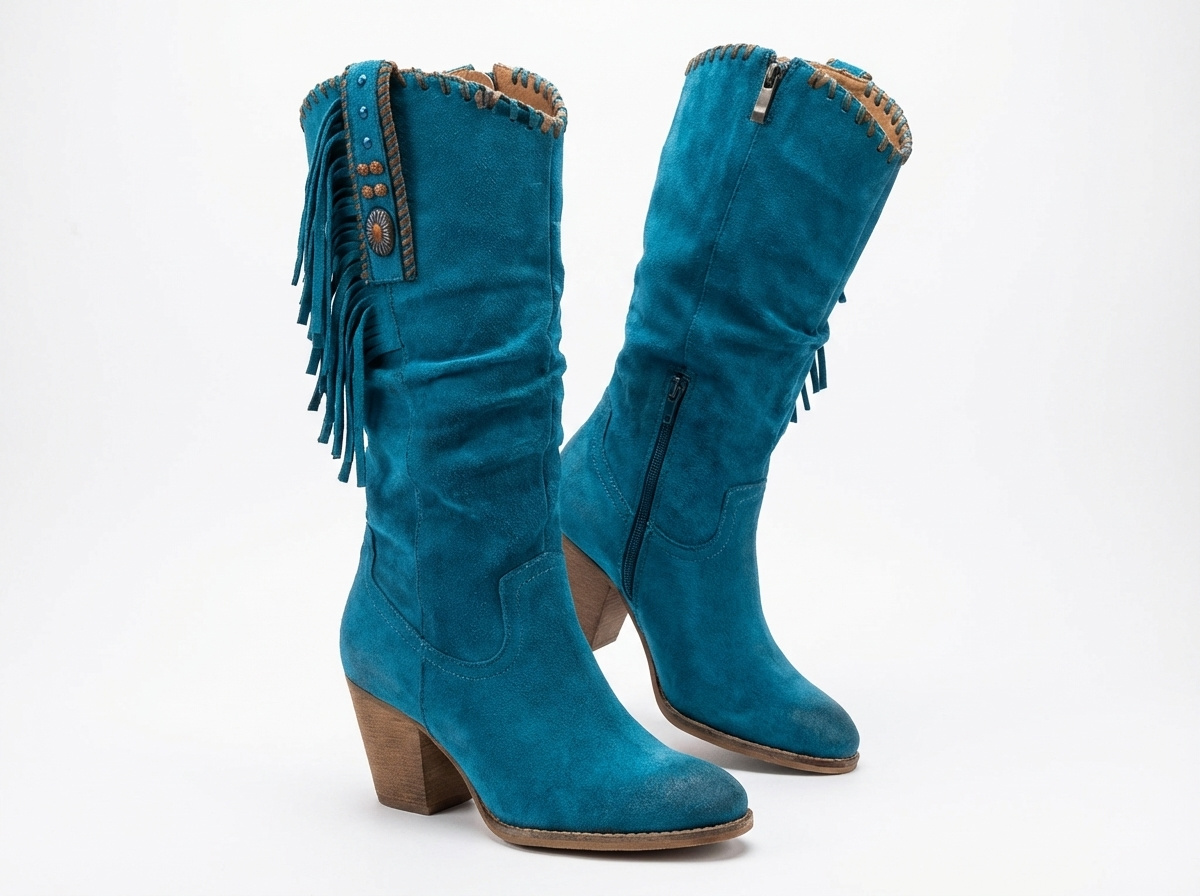 Santiag mi-haute bleu Daim Femme - Franges et clous sur daim bleu