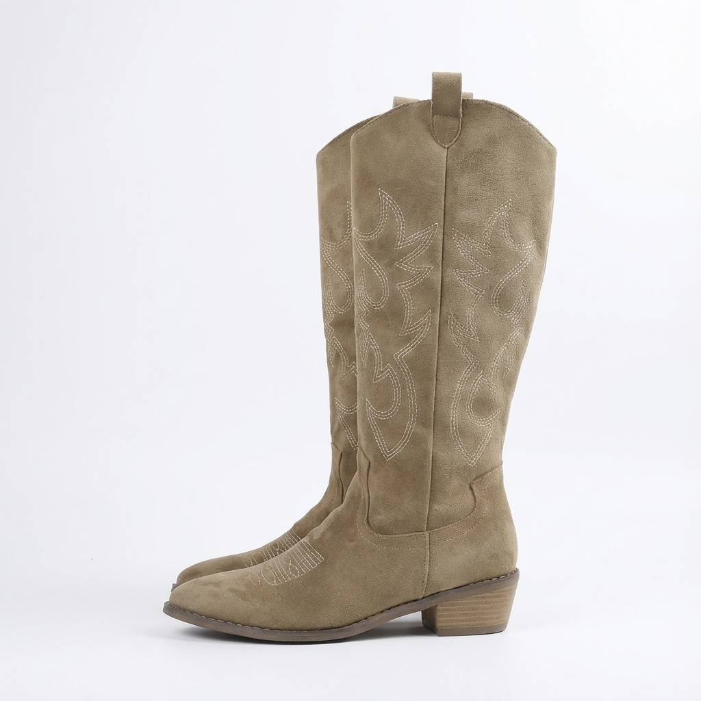 Santiag mi-haute marron clair Daim Femme - Broderies western et fermeture éclair latérale 2