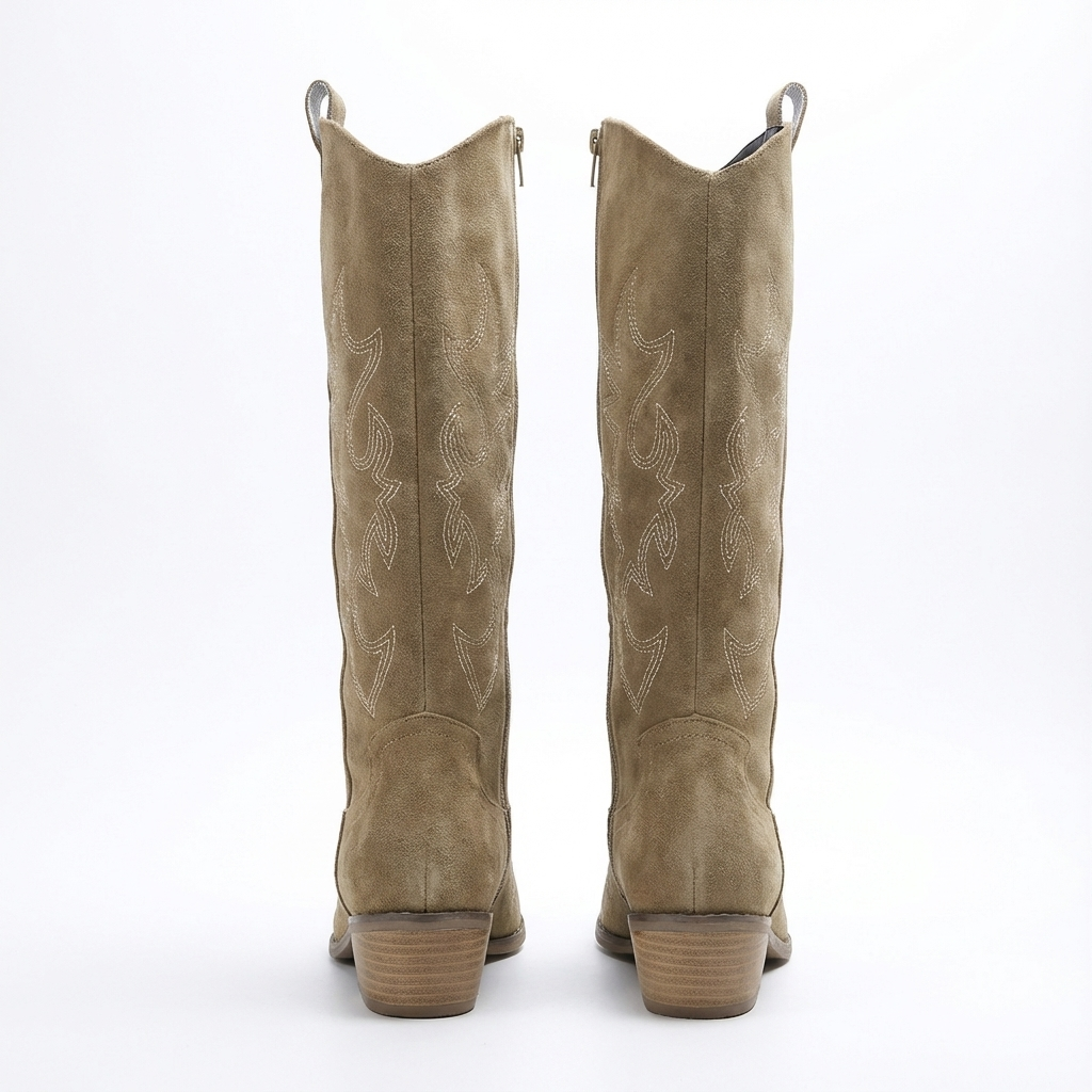 Santiag mi-haute marron clair Daim Femme - Broderies western et fermeture éclair latérale 3