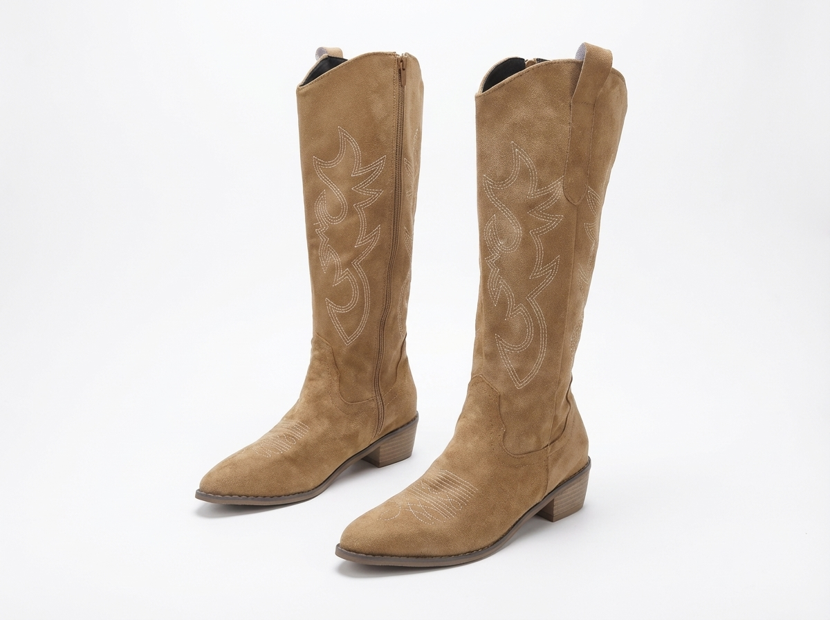 Santiag haute camel Daim Femme - Broderie florale sur tige en daim
