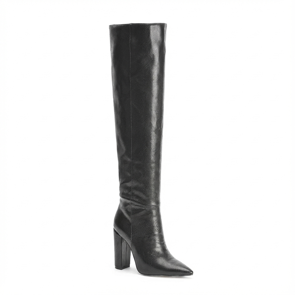 Botte haute noir Daim Synthétique Femme - Aspect python, coupe élégante, style western