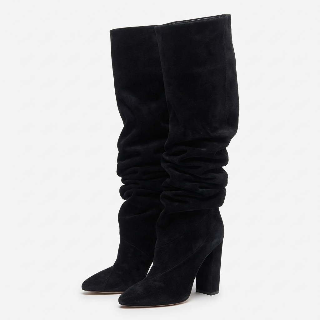 Botte haute noir Daim Synthétique Femme - Talon bloc, design épuré sans ornement