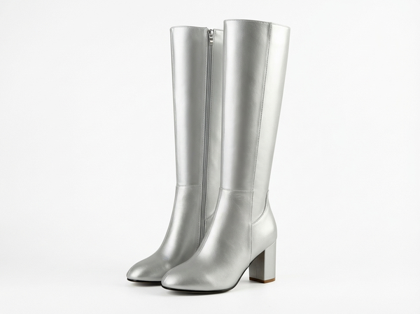 Santiag haute argenté Simili Cuir Femme - Élégance moderne avec talon carré - three_quarter_view