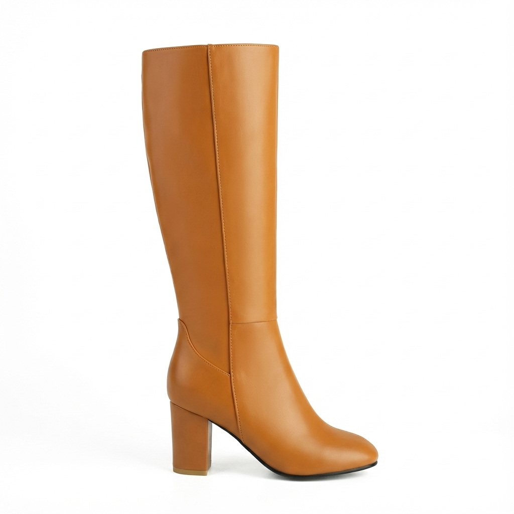 Santiag haute camel Simili Cuir Femme - Design moderne à talon carré épais 2