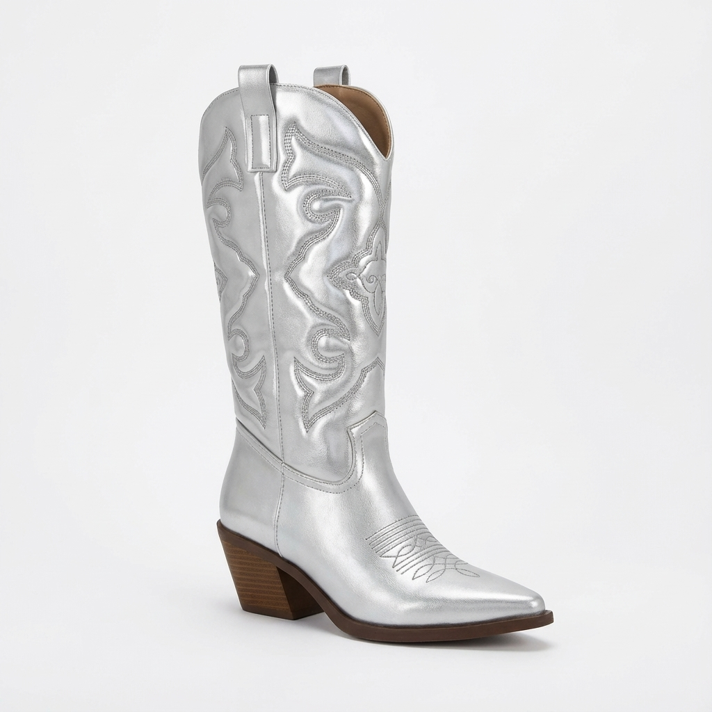 Santiag mi-haute argenté Synthétique Femme - Brillance argentée et broderies western