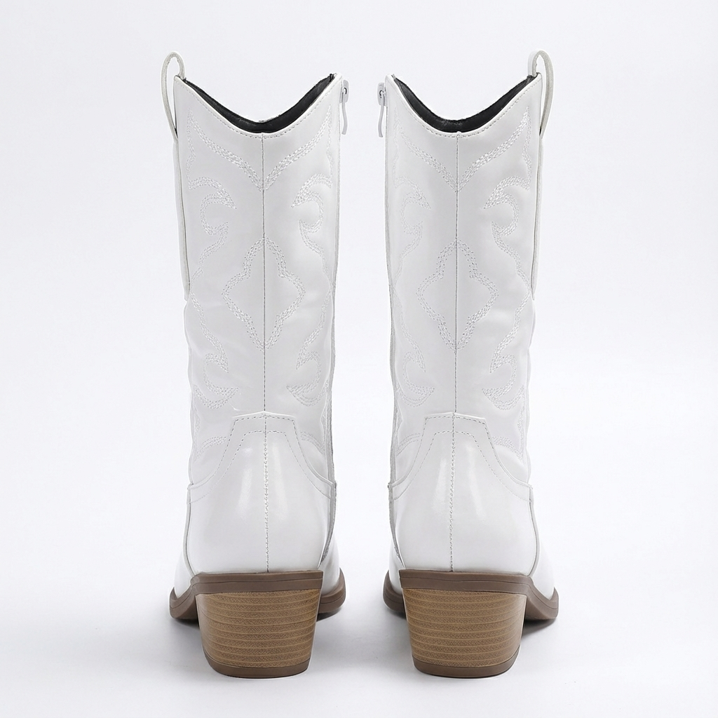 Santiag mi-haute blanc Synthétique Femme - Style western avec broderies élégantes 3