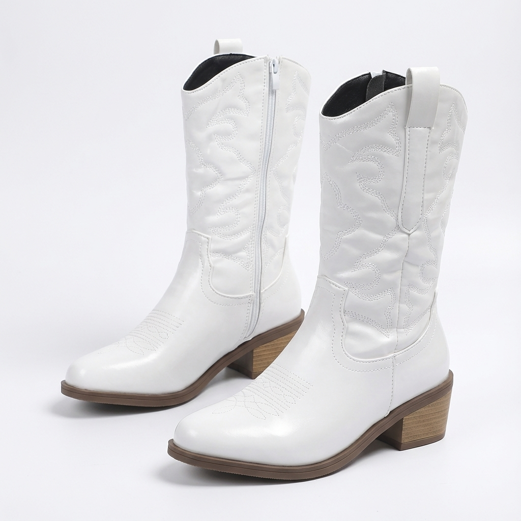 Santiag mi-haute blanc Synthétique Femme - Style western avec broderies élégantes